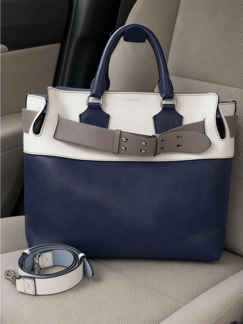 Burberry Navy and White Leather Tote with Removable Strap